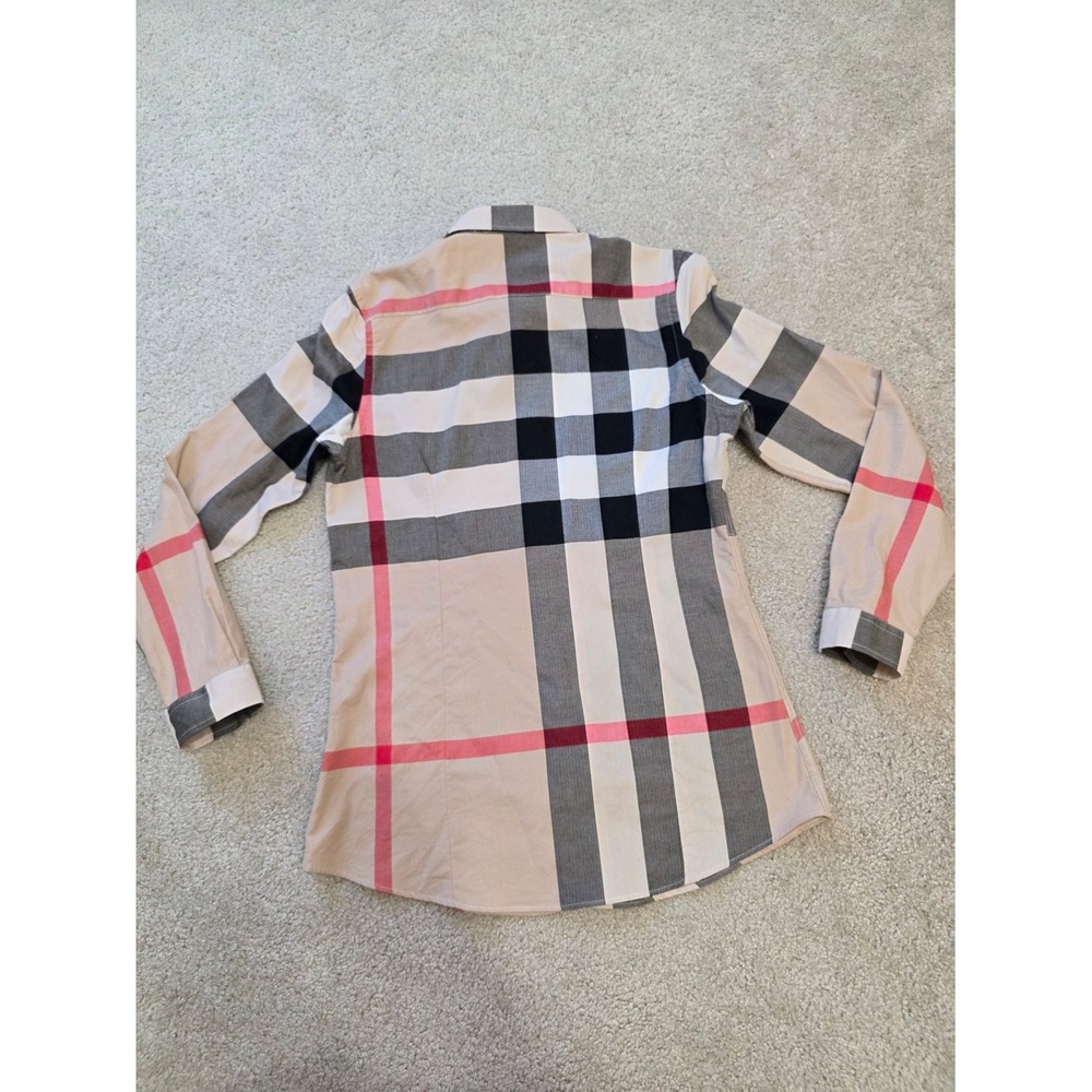 Burberry BRIT women's Large (USA S-M) Beige Black Pink Plaid Button-Down Shirt - Picture 10 of 11